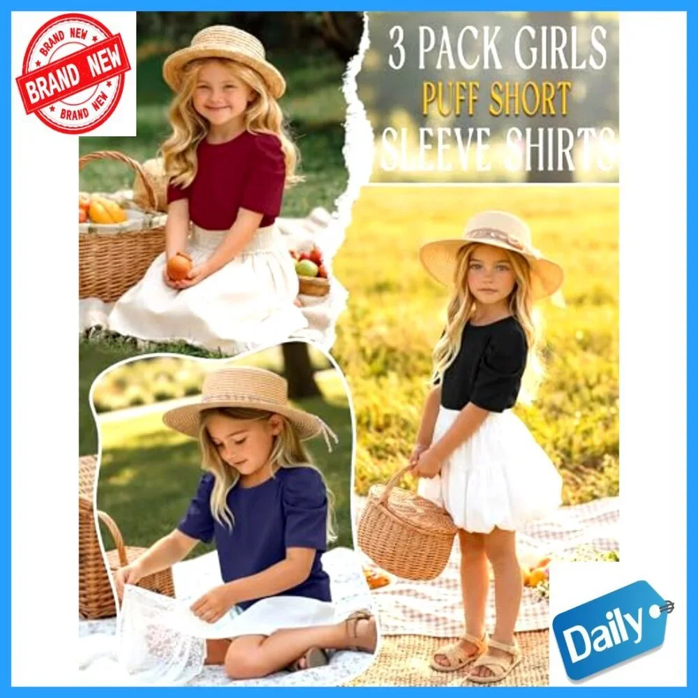 Girls Puff Sleeve Short Sleeve Tees 3 Pack Sizes 5-14 Years Summer Tops